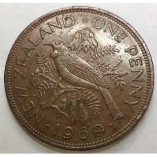 NEW ZEALAND 1960 . ONE 1 PENNY . VARIETY . BAR IN THE NUMBER 0